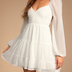 Longing And Love White Swiss Dot Puff Long Sleeve Mini Dress